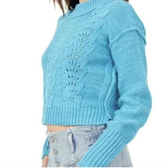 NWT Free People Bell Song Cropped Knit Long Sleeve Sweater Size XS Teal Blue - Picture 10 of 11